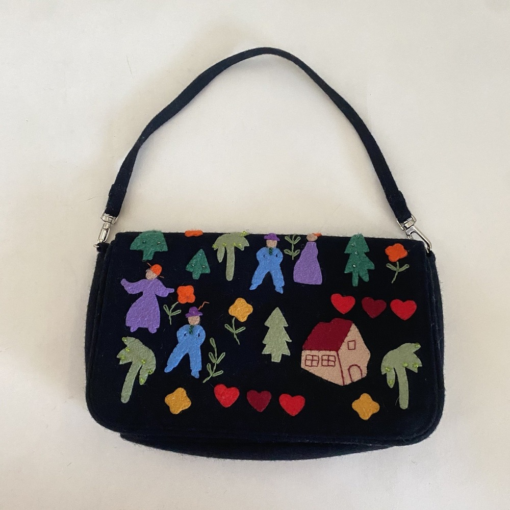 Lulu Guinness 3D Felted Floral Hand Shoulder Bag Purse Small Black Multicolor